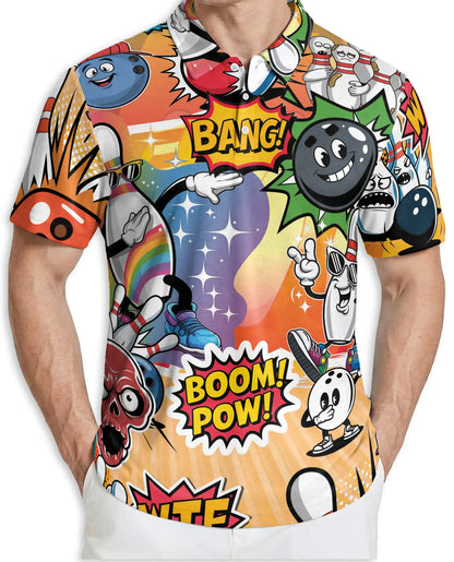 Funny Bowling 3D Polo Shirt for Men, Cartoon Comic Bowling Style | Azhawaiian
