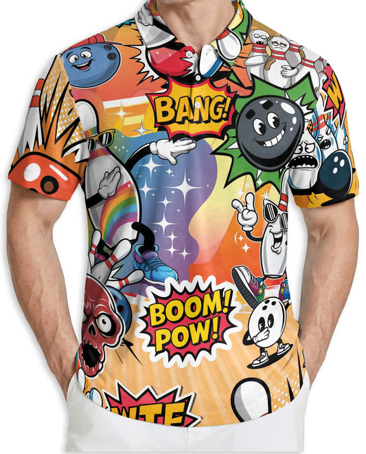 Funny Bowling 3D Polo Shirt for Men, Cartoon Comic Bowling Style | Azhawaiian
