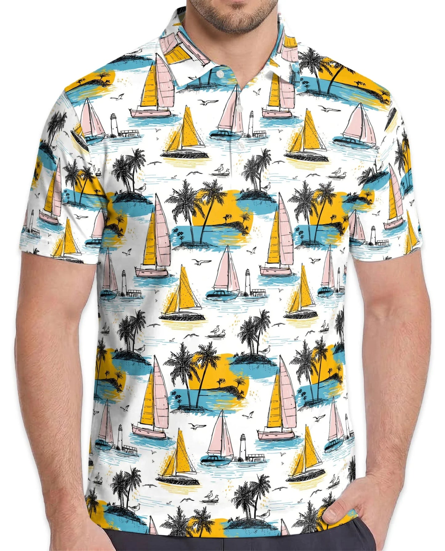 Tropical Sailboats Polo Shirt for Men, Coastal Nautical Style | Azhawaiian