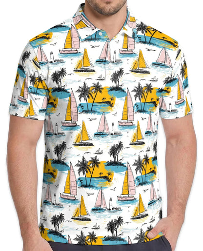 Tropical Sailboats Polo Shirt for Men, Coastal Nautical Style | Azhawaiian