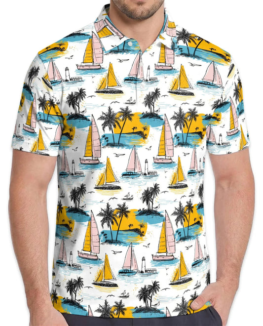 Tropical Sailboats Polo Shirt for Men, Coastal Nautical Style | Azhawaiian