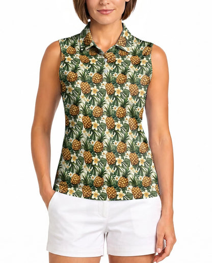 Golden Pineapple Sleeveless Polo Shirt for Women | Azhawaiian