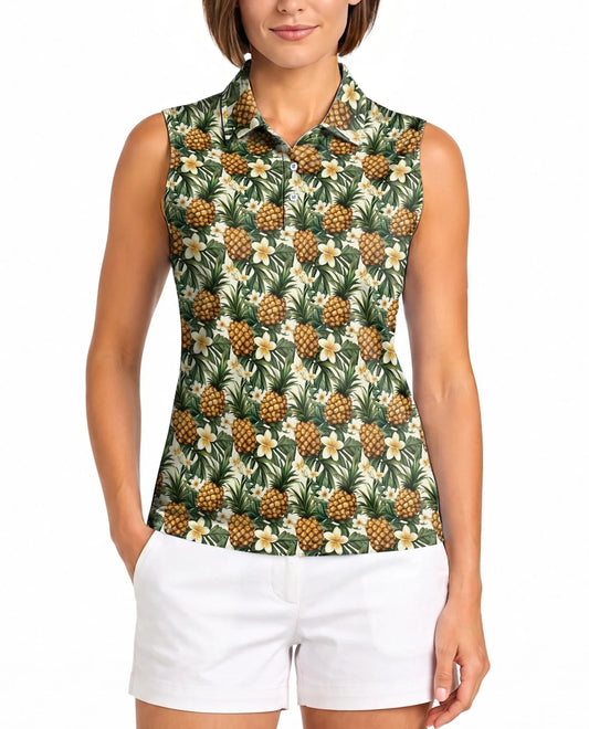 Golden Pineapple Sleeveless Polo Shirt for Women | Azhawaiian