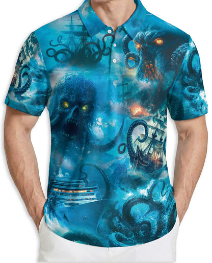 Kraken Ocean Polo Shirt, Sea Monster Horror Print | Azhawaiian