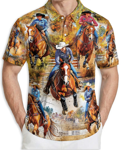 Barrel Racing 3D Polo Shirt for Men, Western Rodeo Cowboy Style | Azhawaiian