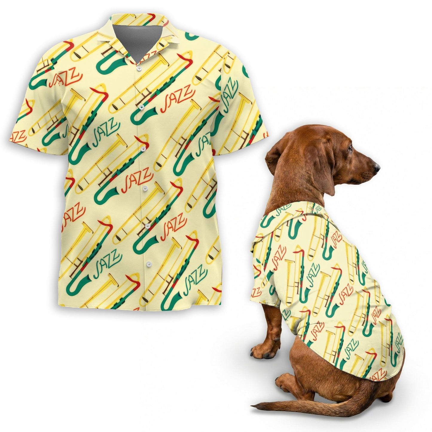 Trombone Pattern Matching Dog Owner Hawaiian Shirts, Funny Pet Aloha Shirt for Beach Vacation - Azhawaiian
