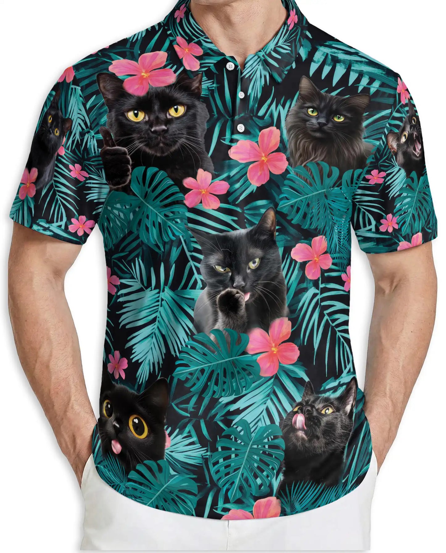 Black Cat Tropical 3D Polo Shirt for Men, Funny Floral Kitty Style | Azhawaiian