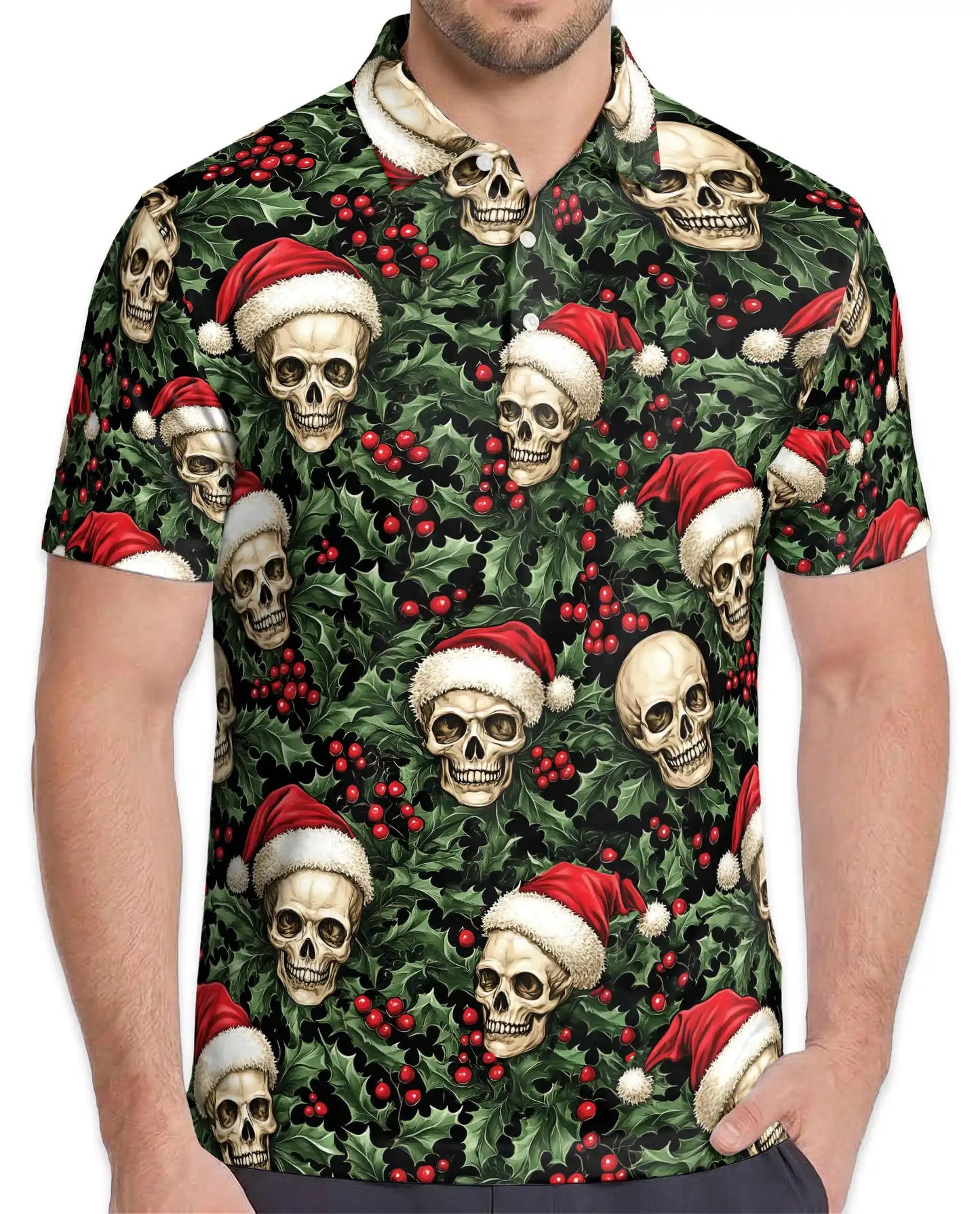 Christmas Skull 3D Polo Shirt for Men, Gothic Holiday Santa Style | Azhawaiian