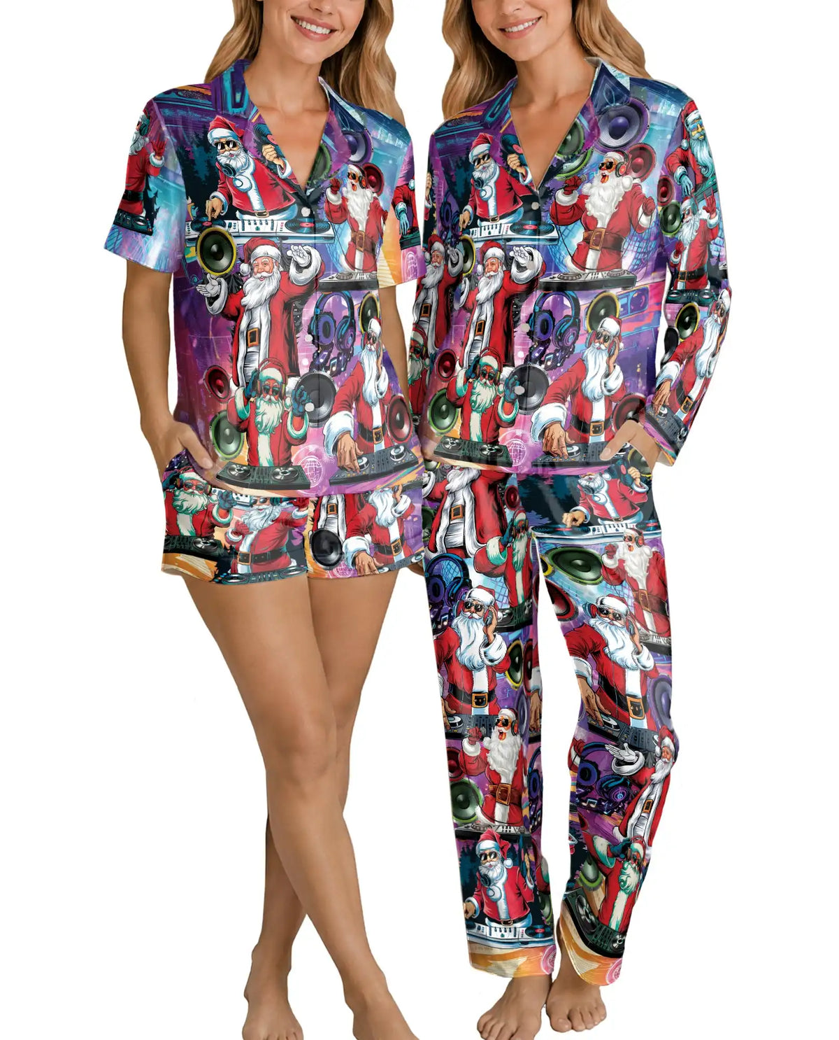 DJ Santa Christmas Pajama Set for Women – Colorful Music Party Print