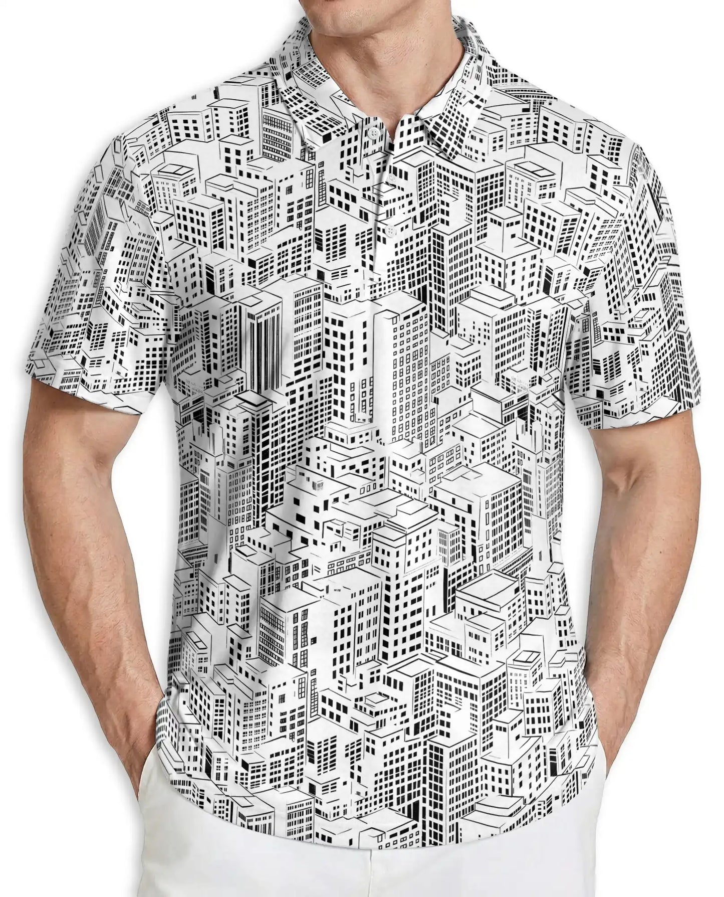 Black & White Cityscape Polo Shirt, Urban Skyline Pattern | Azhawaiian