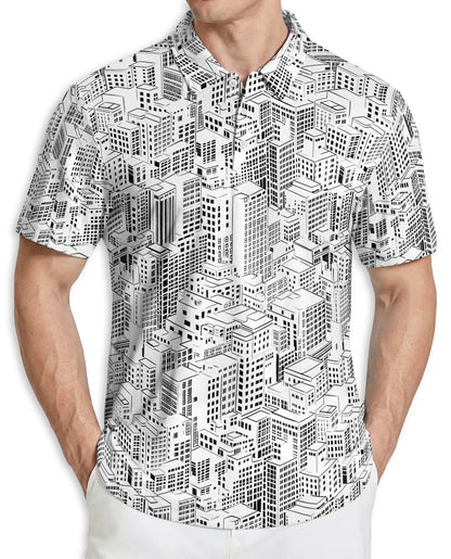 Black & White Cityscape Polo Shirt, Urban Skyline Pattern | Azhawaiian