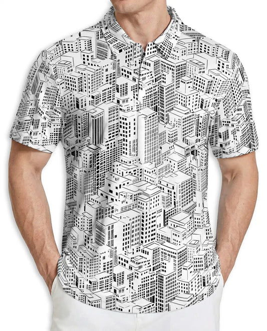 Black & White Cityscape Polo Shirt, Urban Skyline Pattern