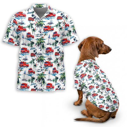 Fire Truck Matching Dog Owner Hawaiian Shirts, Funny Pet Aloha Shirt for Beach Vacation - Azhawaiian
