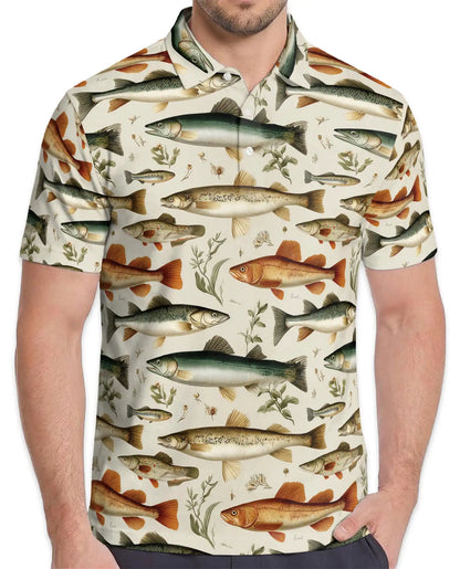 Vintage Fish Species Polo Shirt - Freshwater Angler Nature Style | Azhawaiian