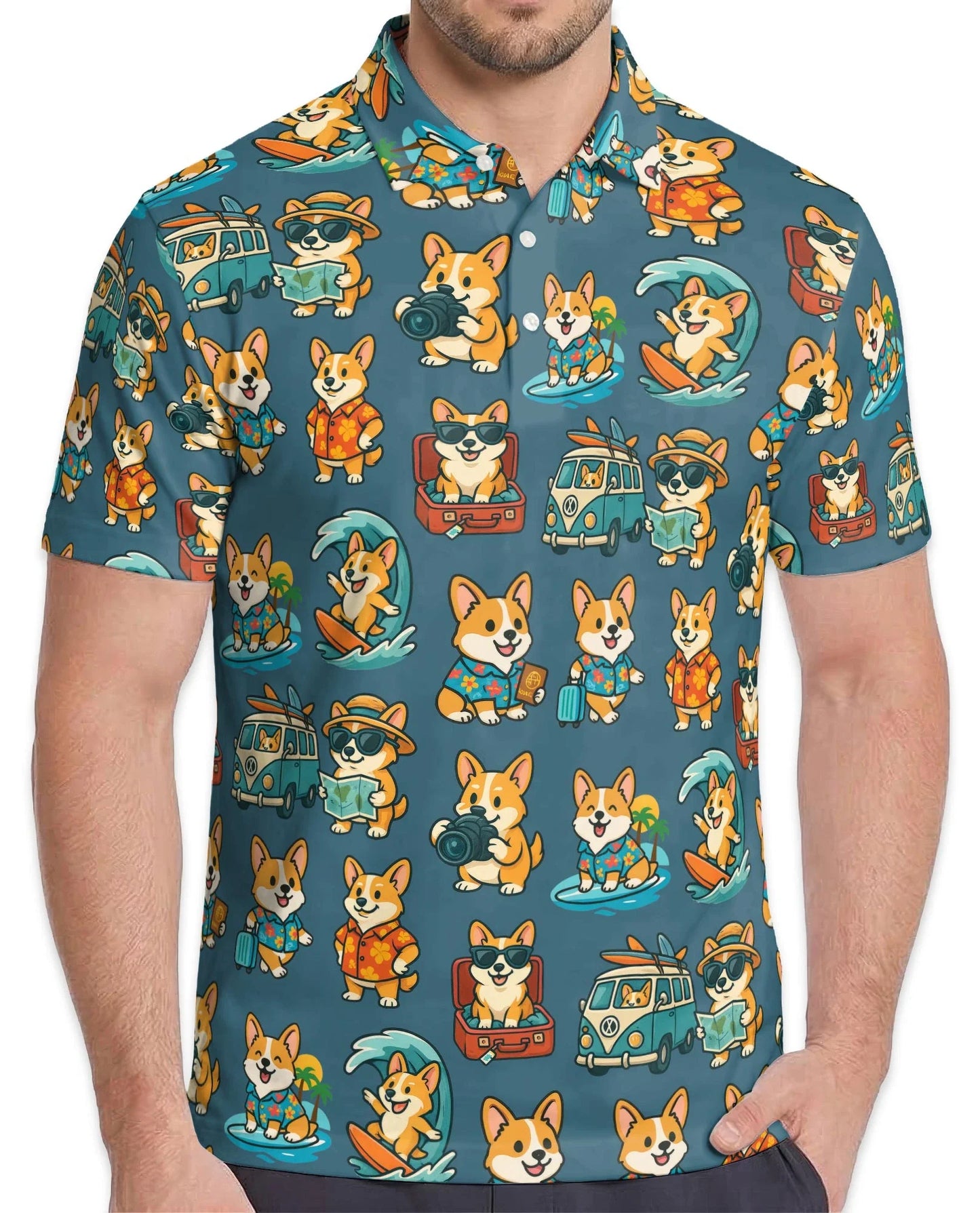 Cartoon Corgi Surfing Polo Shirt for Men, Cute Dog Beach Style | Azhawaiian
