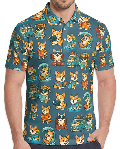 Cartoon Corgi Surfing Polo Shirt for Men, Cute Dog Beach Style | Azhawaiian