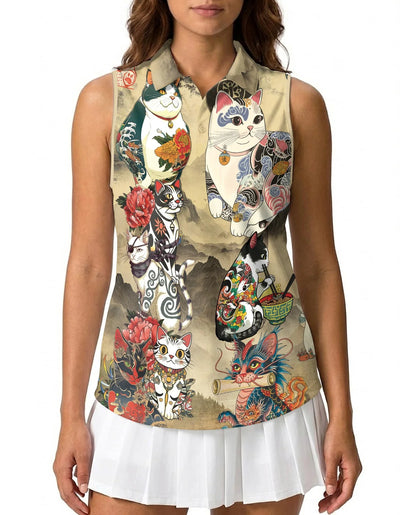 Japanese Cat Tattoo Sleeveless Polo Shirt for Women | Azhawaiian
