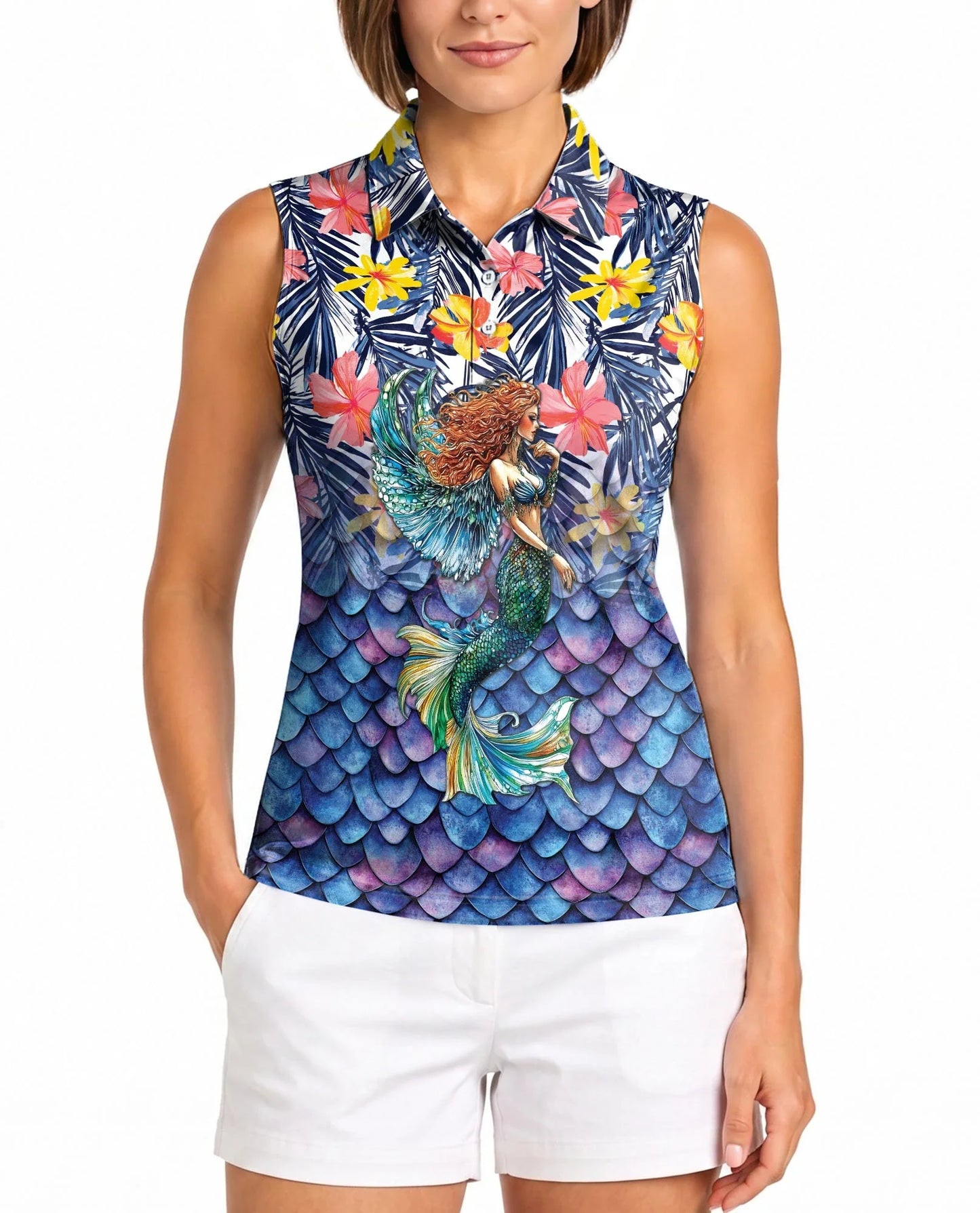 Mermaid Pattern Sleeveless Polo Shirt for Women | Azhawaiian