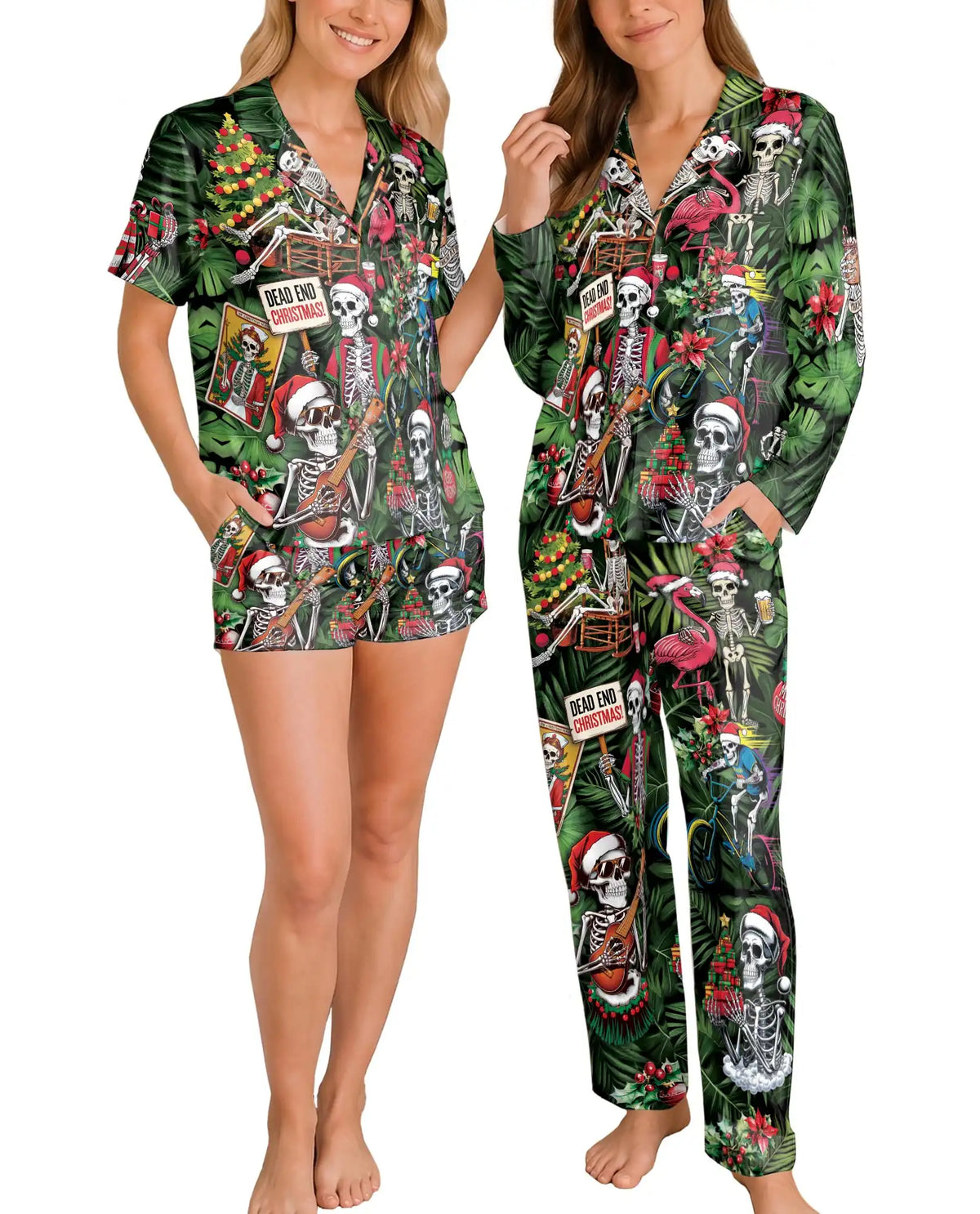 Tropical Christmas Skeleton Pajama Set for Women – Gothic Holiday Print