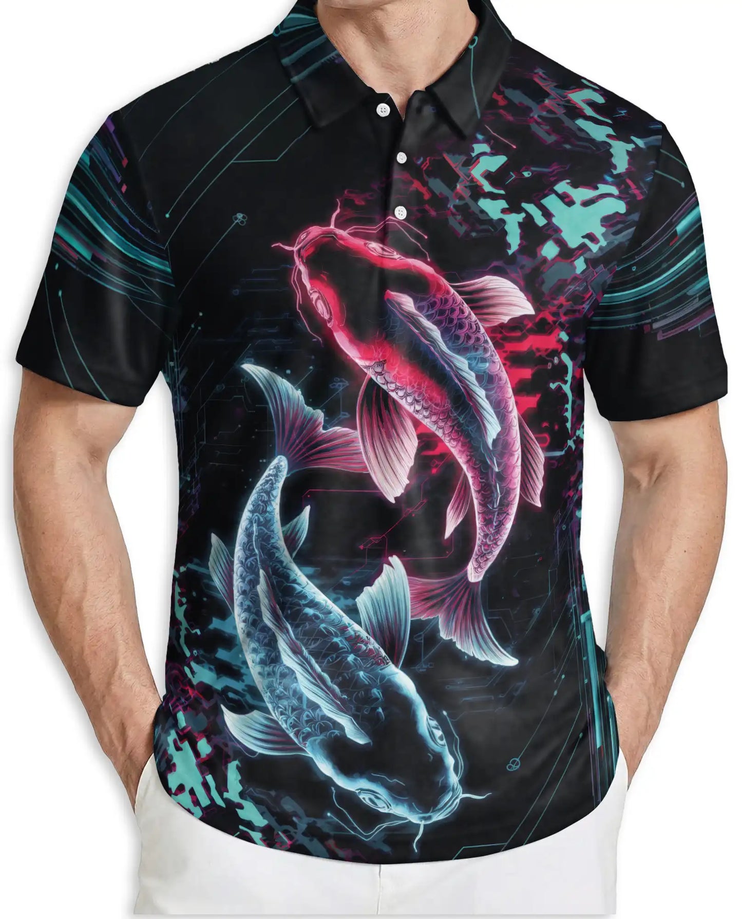 Koi Fish Polo Shirt, Neon Cyberpunk Print | Azhawaiian