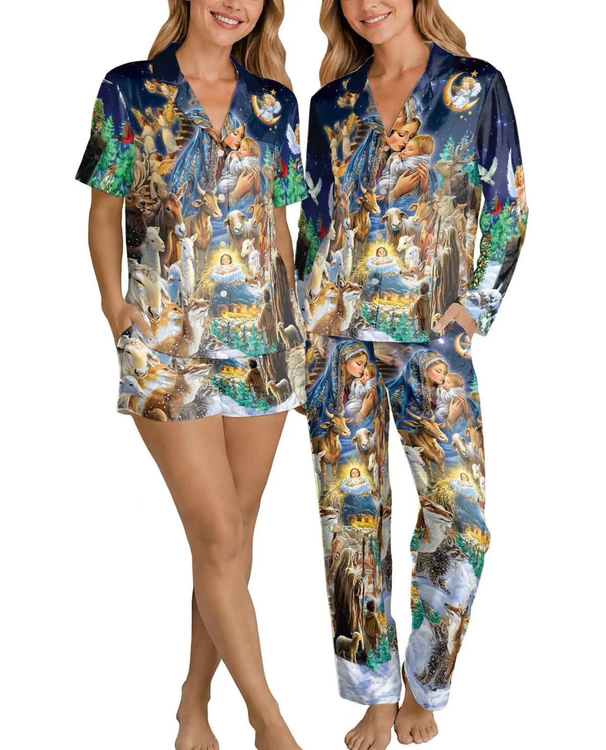 Woodland Nativity Christmas Pajama Set for Women – Virgin Mary & Baby Jesus Print