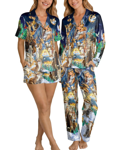 Woodland Nativity Christmas Pajama Set for Women – Virgin Mary & Baby Jesus Print