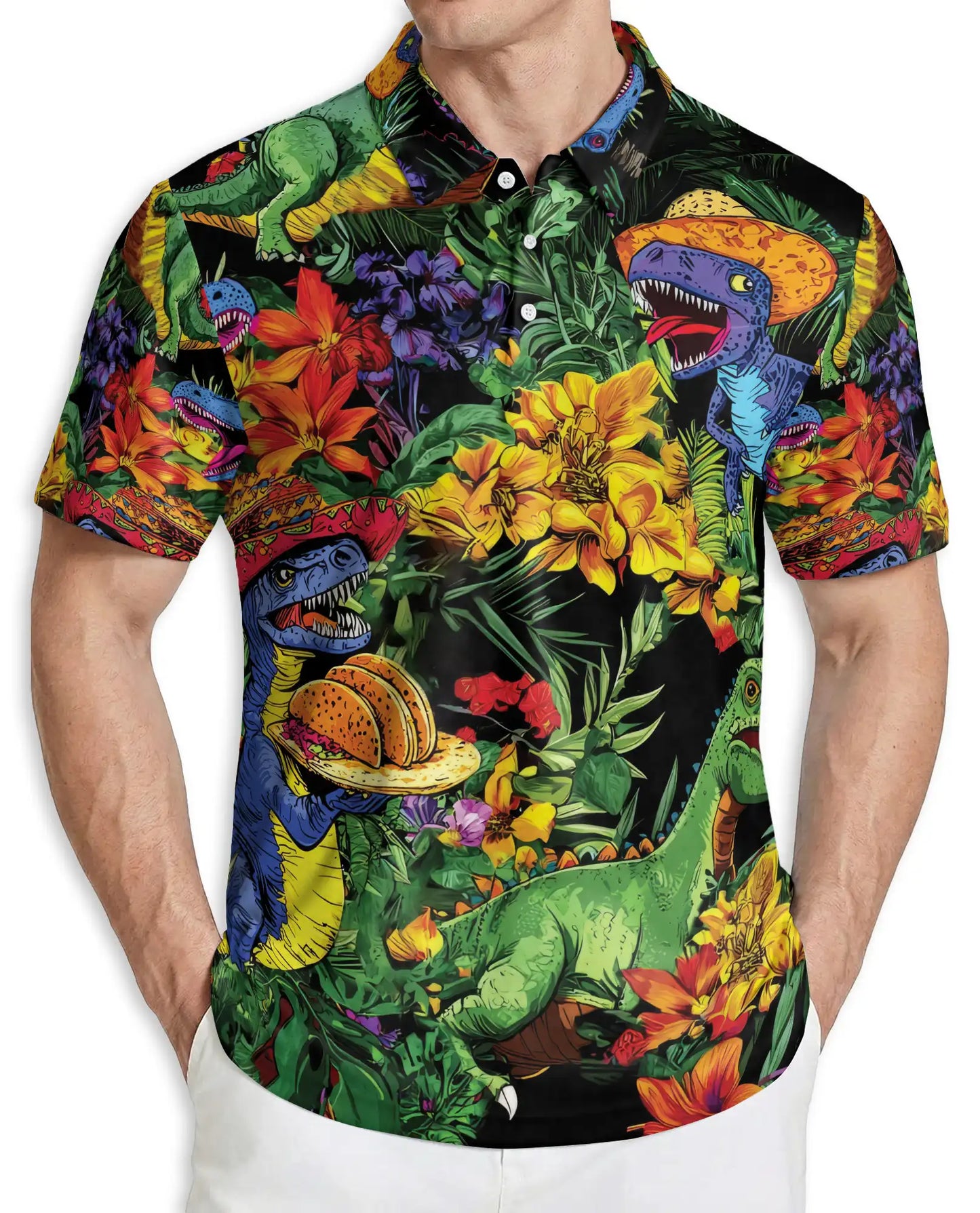 Funny Dinosaur Hawaiian 3D Polo Shirt for Men | Azhawaiian