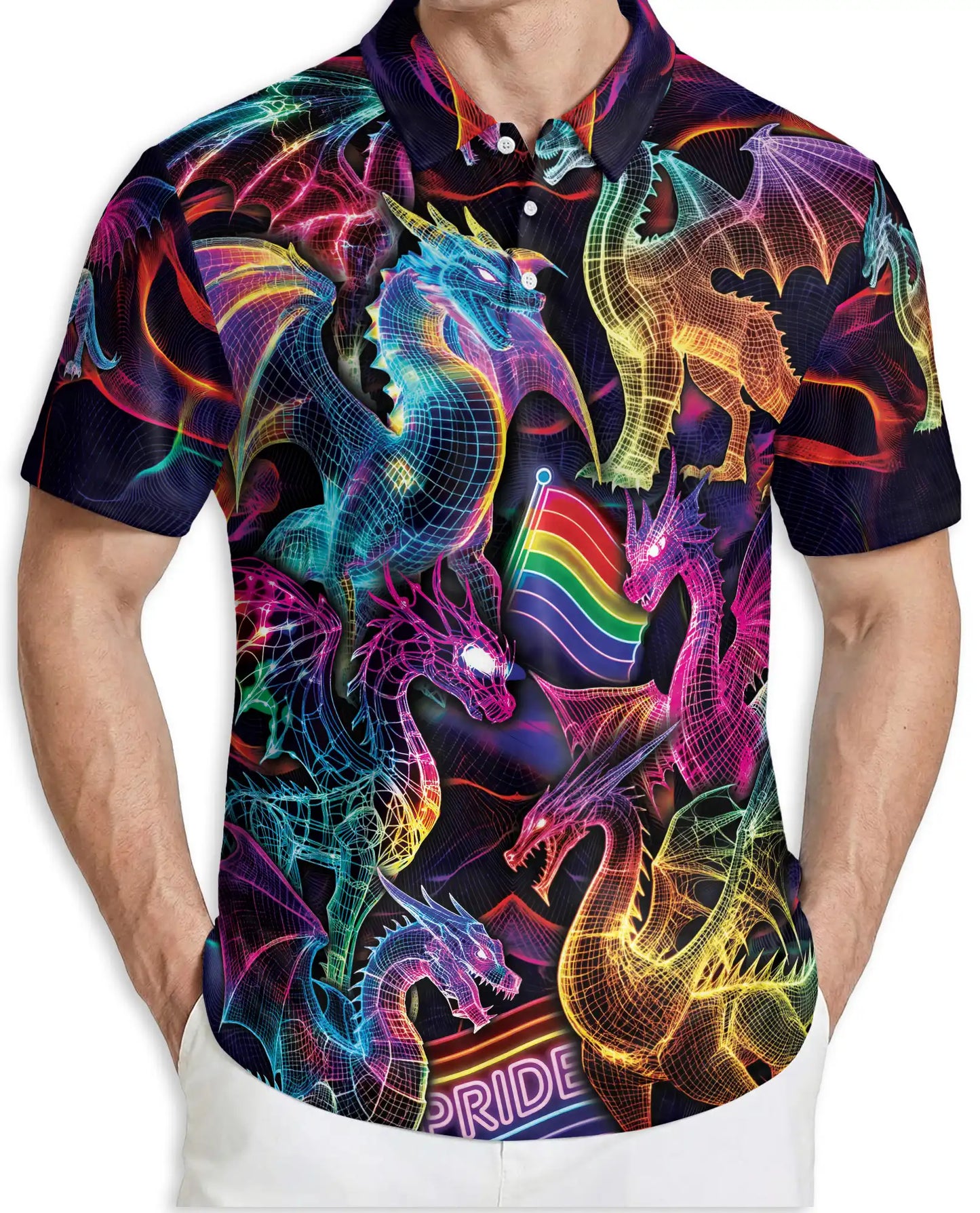 Pride Rainbow Dragon Polo Shirt for Men-Neon Fantasy Dragon Shirt | Azhawaiian