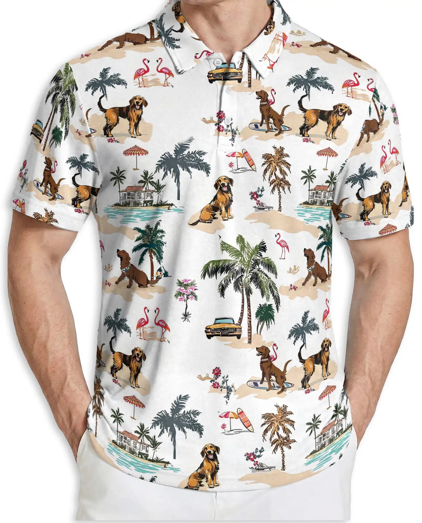 Golden Retriever Beach Polo Shirt, Tropical Island Print | Azhawaiian