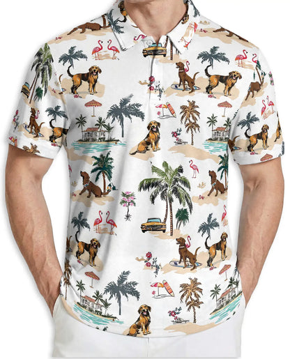 Golden Retriever Beach Polo Shirt, Tropical Island Print | Azhawaiian