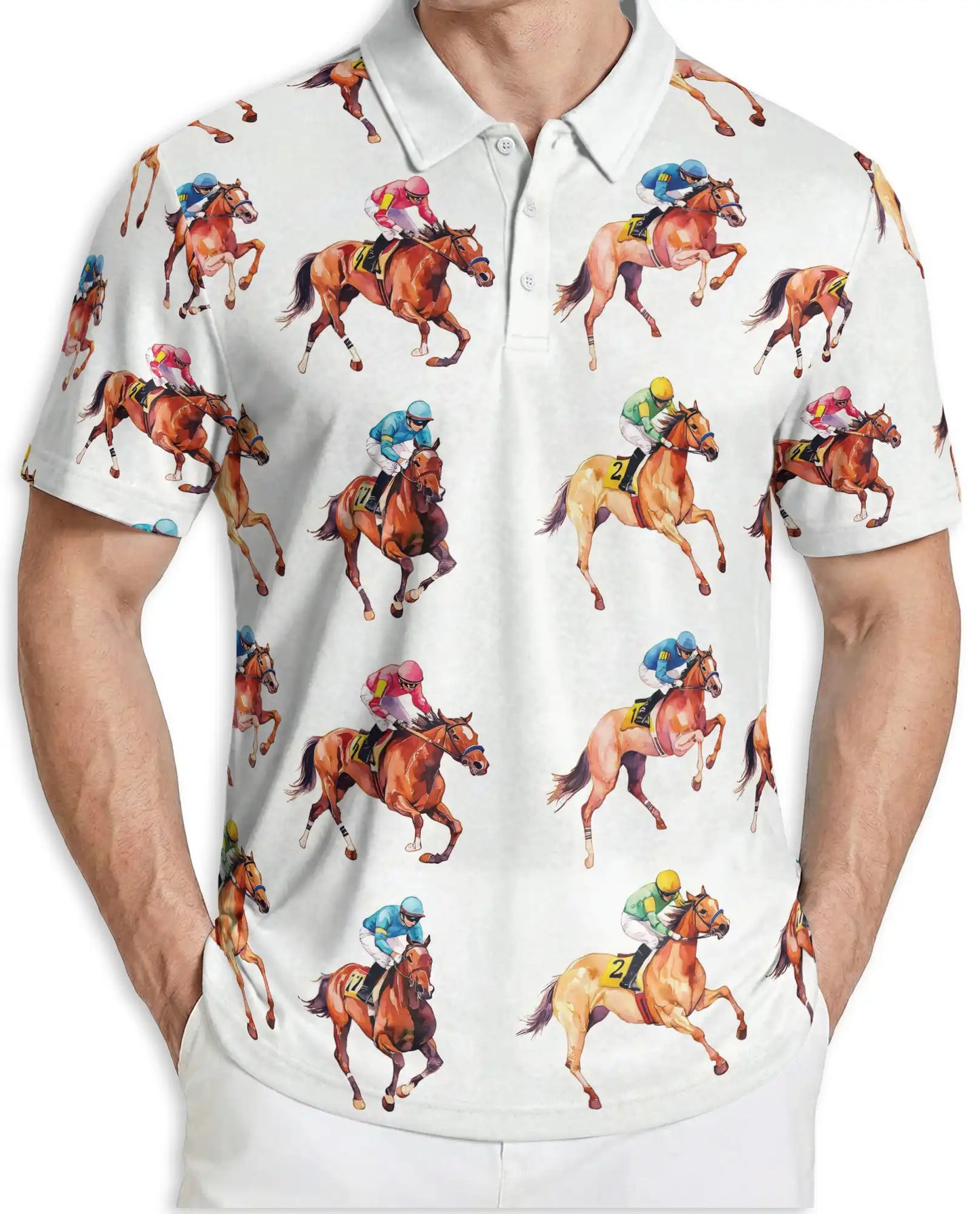 Minimal Horse Racing 3D Polo Shirt for Men, Classic Jockey Derby Style | Azhawaiian