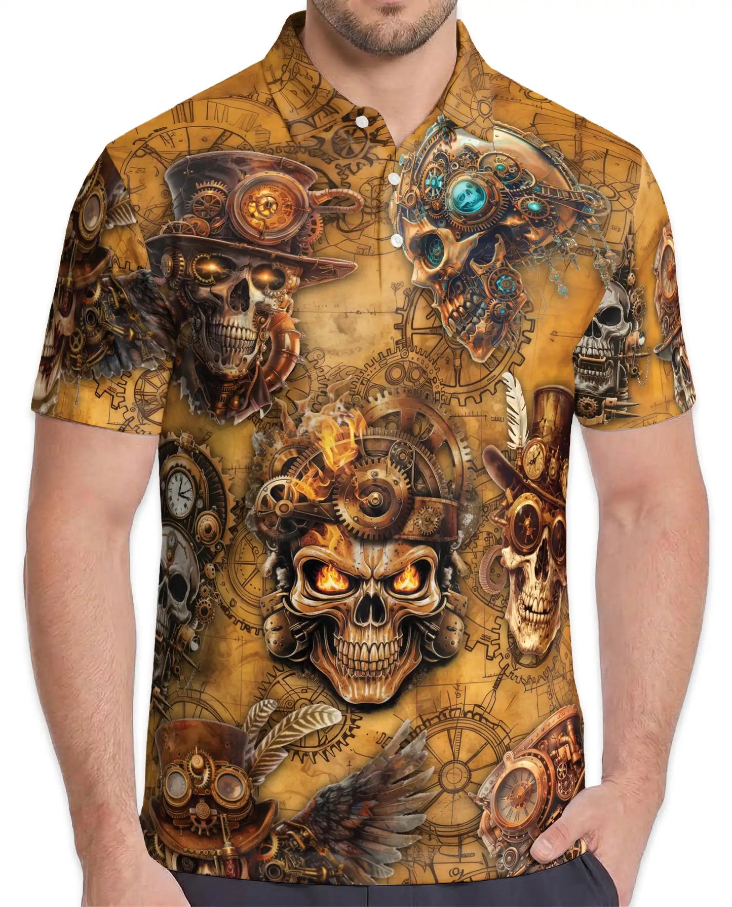 Steampunk Skull Polo Shirt for Men, Mechanical Gothic Skeleton Design | Azhawaiian