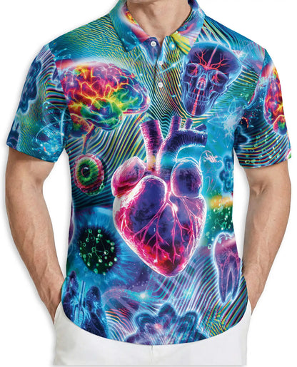 Medical  Polo Shirt, Neon Brain Heart Skull Design | Azhawaiian