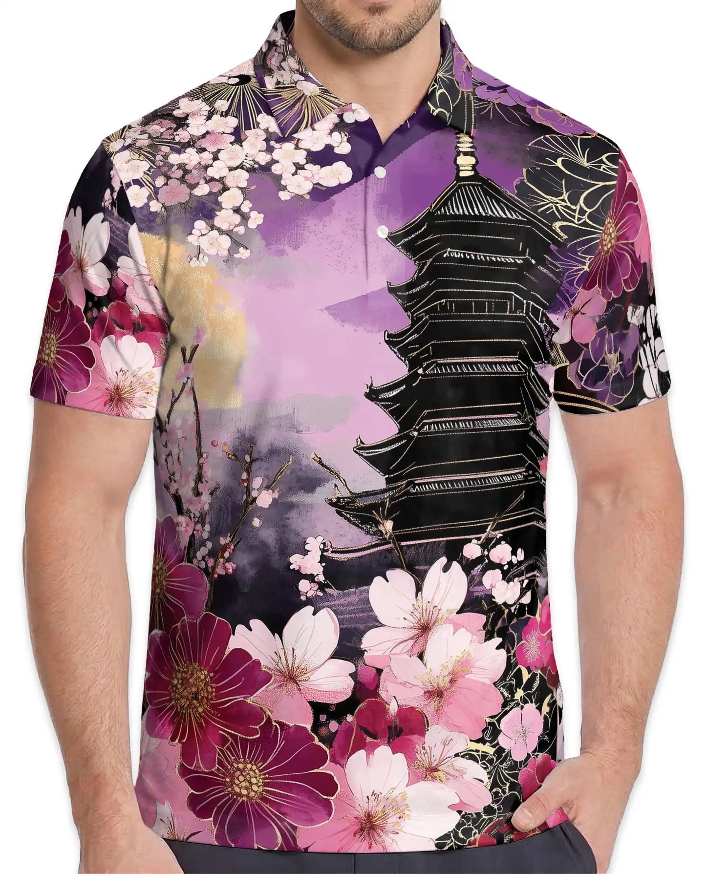 Sakura Pagoda Polo Shirt - Japanese Floral Art Style | Azhawaiian