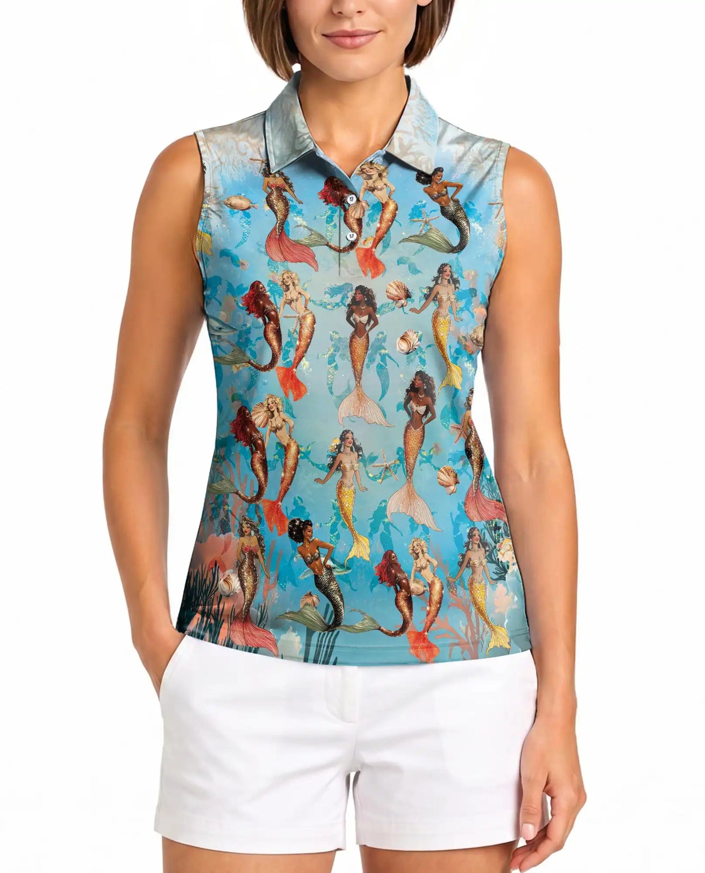 Lovely Mermaid Sea Sleeveless Polo Shirt for Women, Ocean Fantasy Style | Azhawaiian