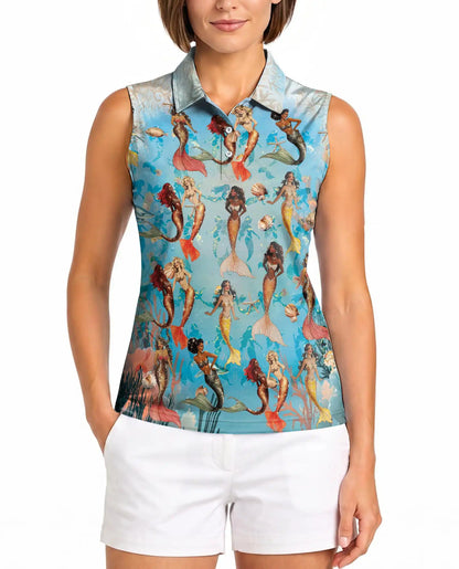 Lovely Mermaid Sea Sleeveless Polo Shirt for Women, Ocean Fantasy Style | Azhawaiian