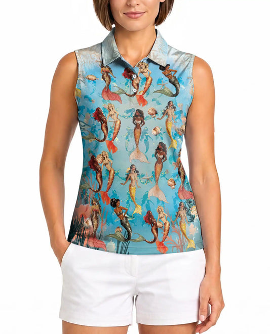 Lovely Mermaid Sea Sleeveless Polo Shirt for Women, Ocean Fantasy Style | Azhawaiian