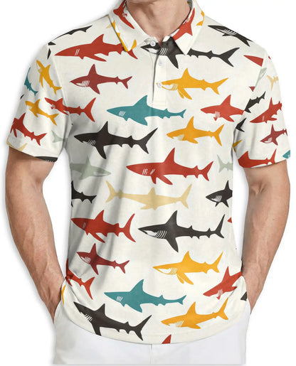 Colorful Shark Pattern 3D Polo Shirt for Men, Ocean Marine Style | Azhawaiian