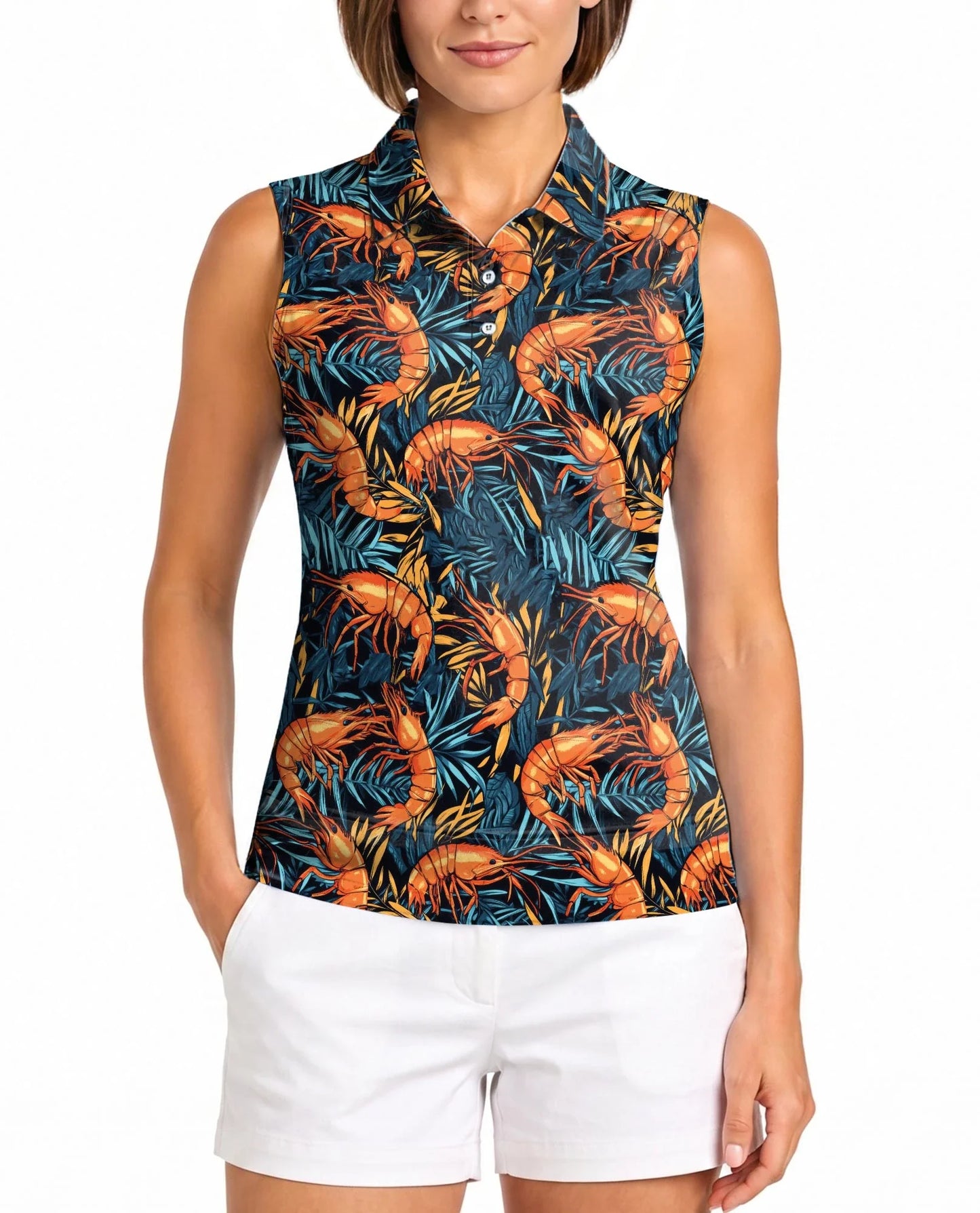 Shrimp Summer Beach Seafood Sleeveless Polo Shirt for Women | Azhawaiian