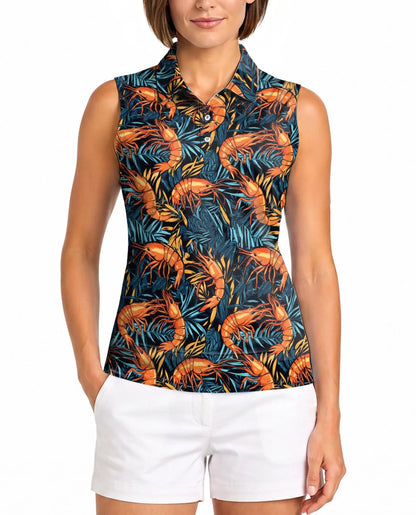 Shrimp Summer Beach Seafood Sleeveless Polo Shirt for Women | Azhawaiian