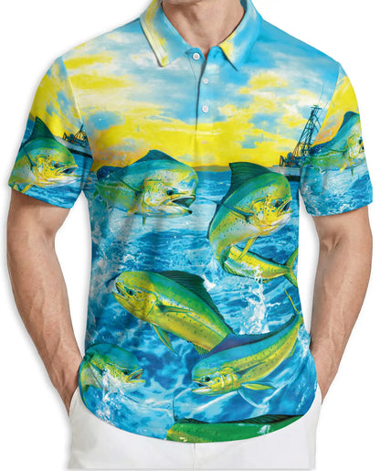 Mahi Mahi Fishing 3D Polo Shirt for Men, Tropical Ocean Angler Style | Azhawaiian