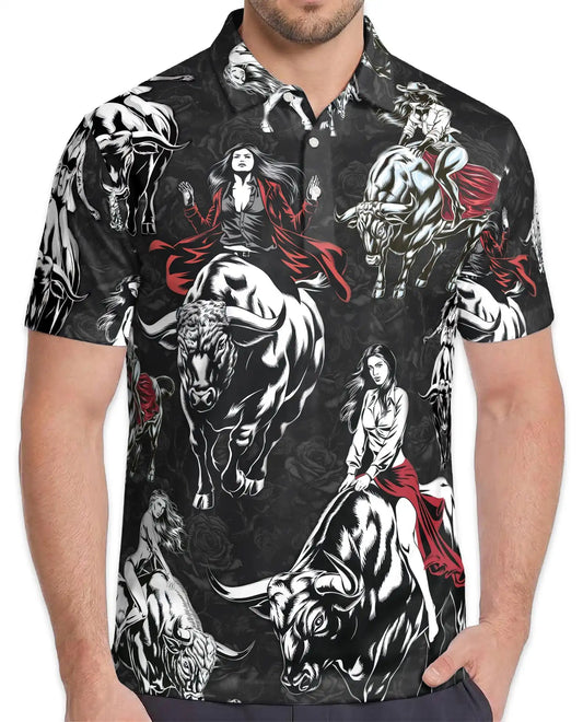 Western Bull Rider 3D Polo Shirt for Men, Dark Rodeo Cowgirl Style | Azhawaiian