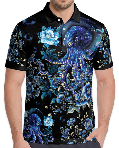 Blue Octopus Polo Shirt - Floral Ocean Fantasy Marine Art Design | Azhawaiian