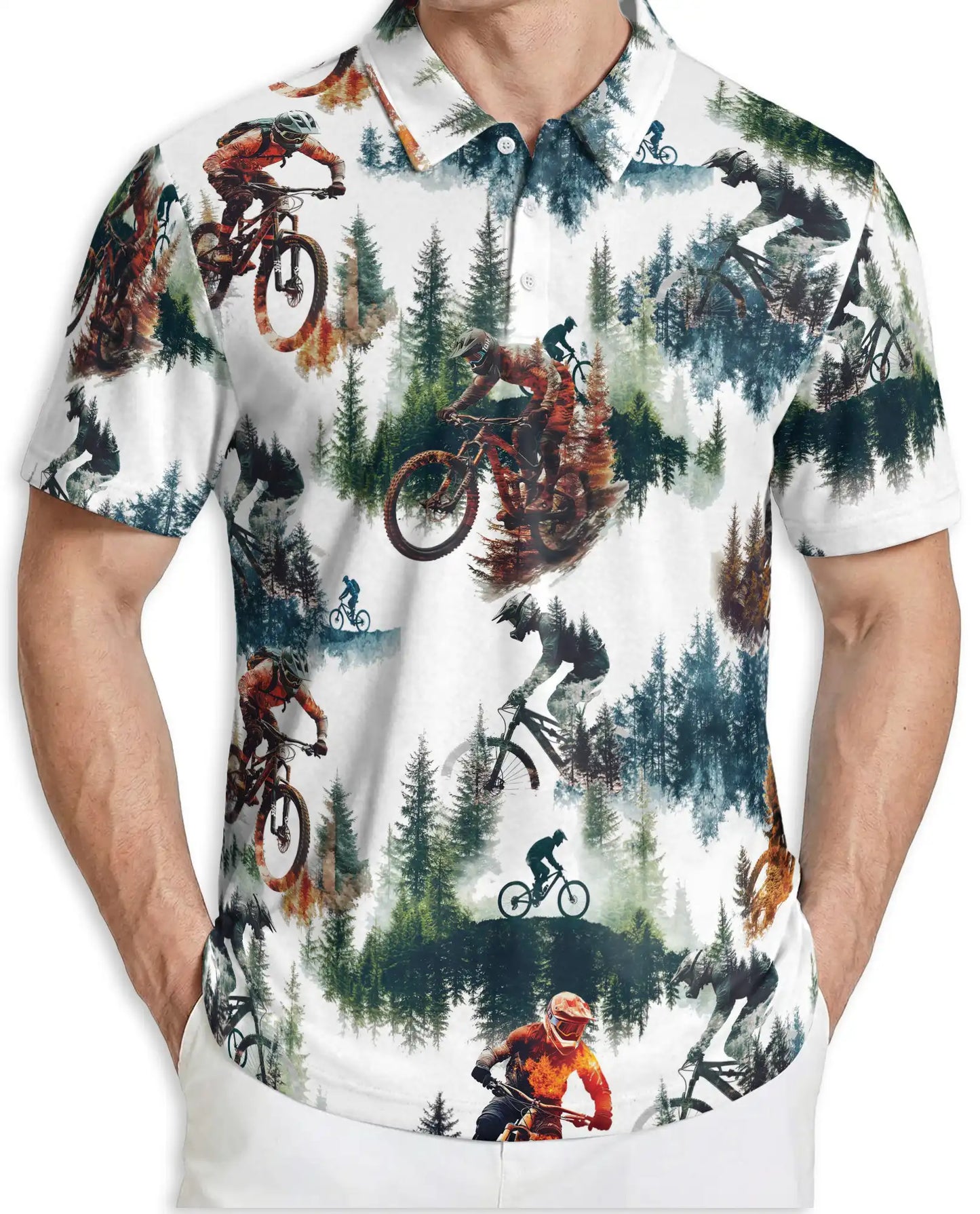 Mountain Bike Forest 3D Polo Shirt for Men, Extreme Cycling Outdoor Style | Azhawaiian