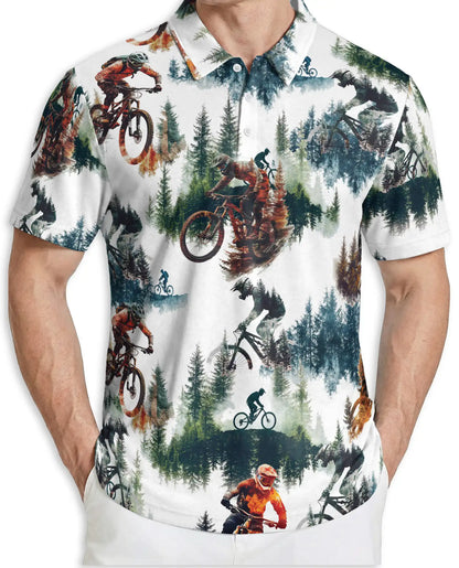 Mountain Bike Forest 3D Polo Shirt for Men, Extreme Cycling Outdoor Style | Azhawaiian