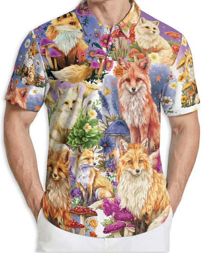 Fantasy Fox Garden Polo Shirt Enchanted Woodland Floral Animal Art | Azhawaiian