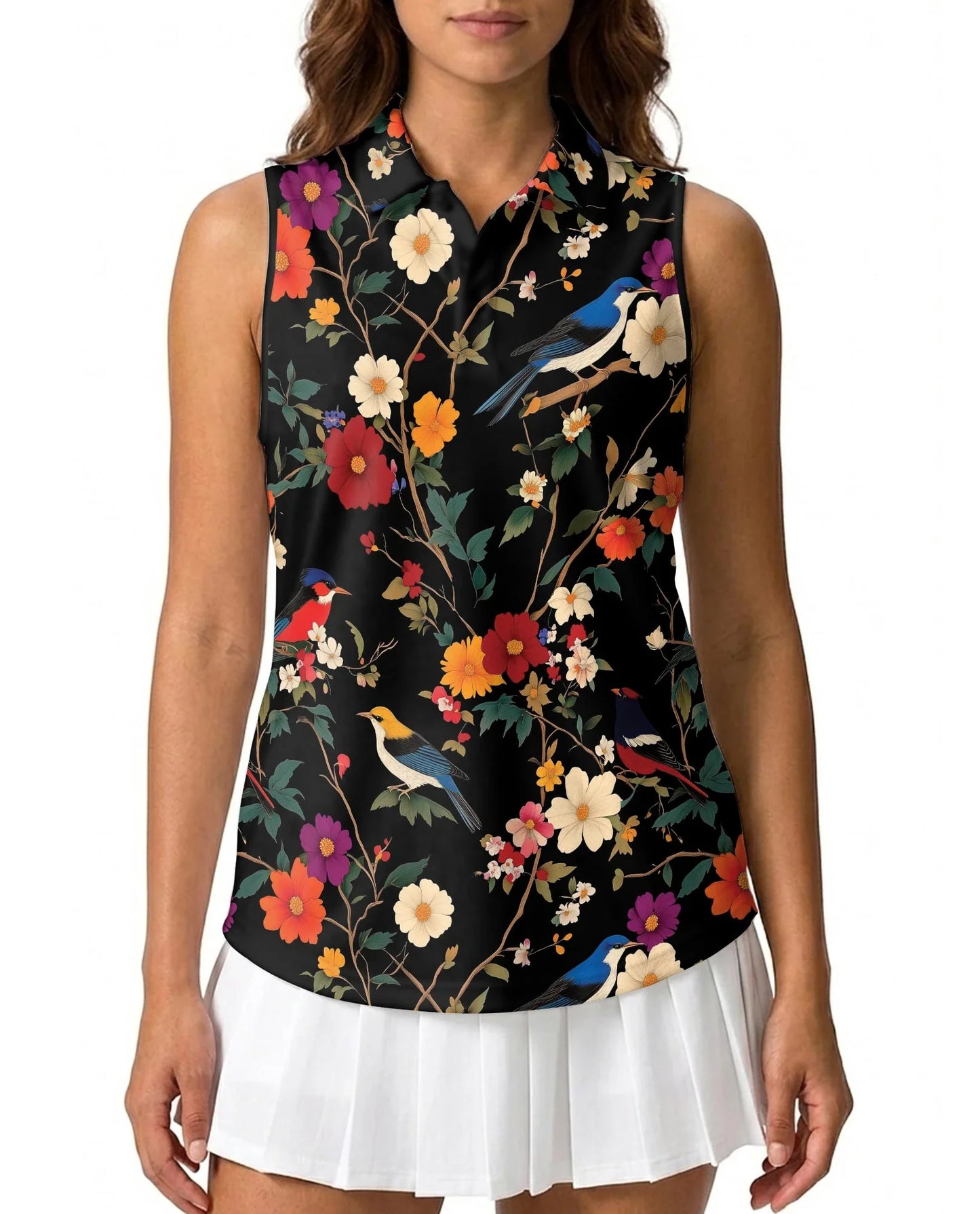Bird and Flower Sleeveless Polo Shirt for Women | Azhawaiian