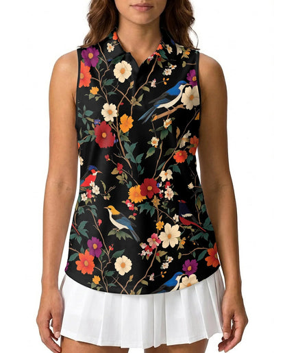 Bird and Flower Sleeveless Polo Shirt for Women | Azhawaiian
