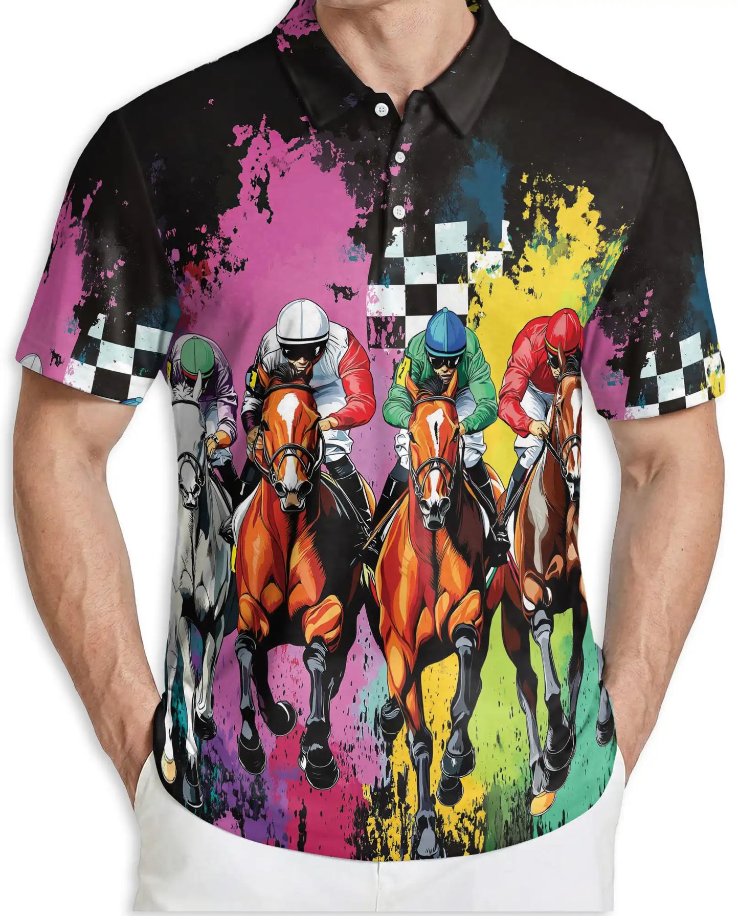 Color Splash Horse Racing 3D Polo Shirt for Men, Dynamic Jockey Derby Style | Azhawaiian