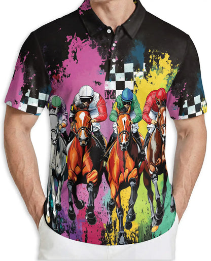 Color Splash Horse Racing 3D Polo Shirt for Men, Dynamic Jockey Derby Style | Azhawaiian